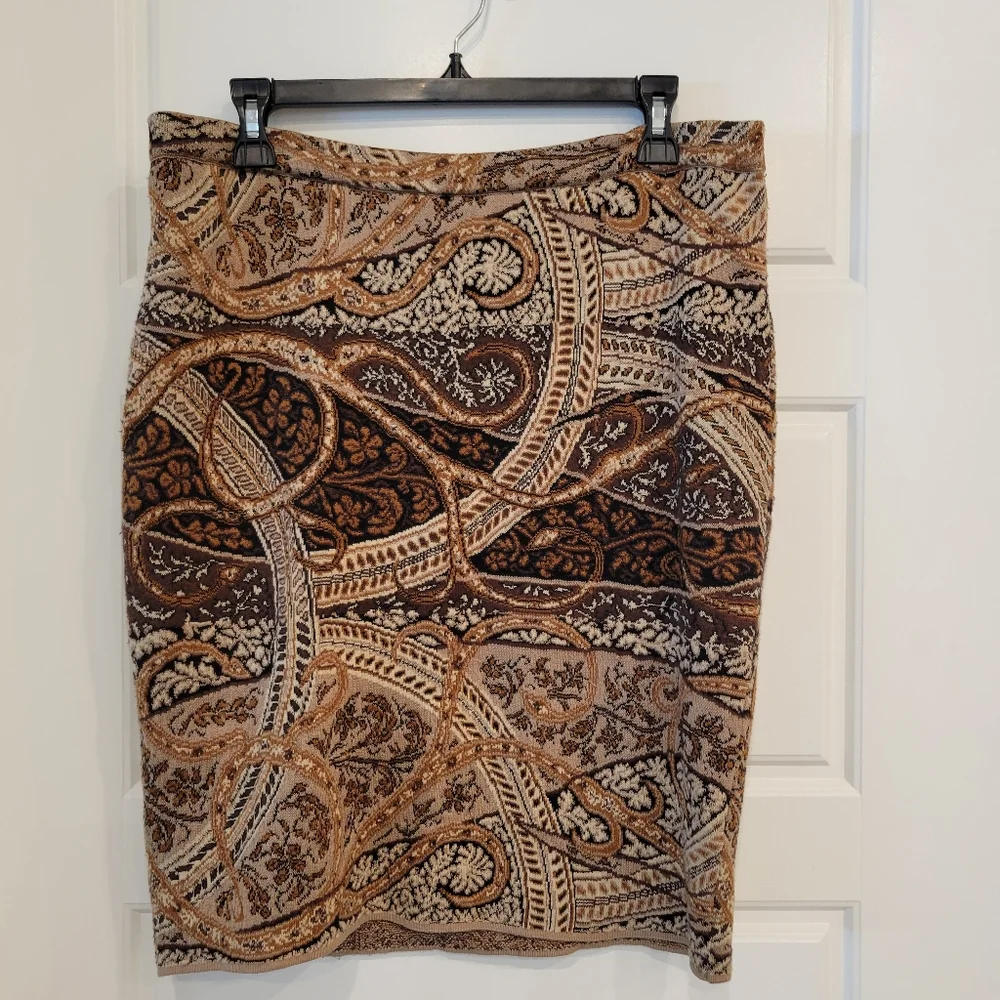 Peruvian Connection Pima Cotton Knit Pencil Skirt Brown Paisley Floral Size LARG